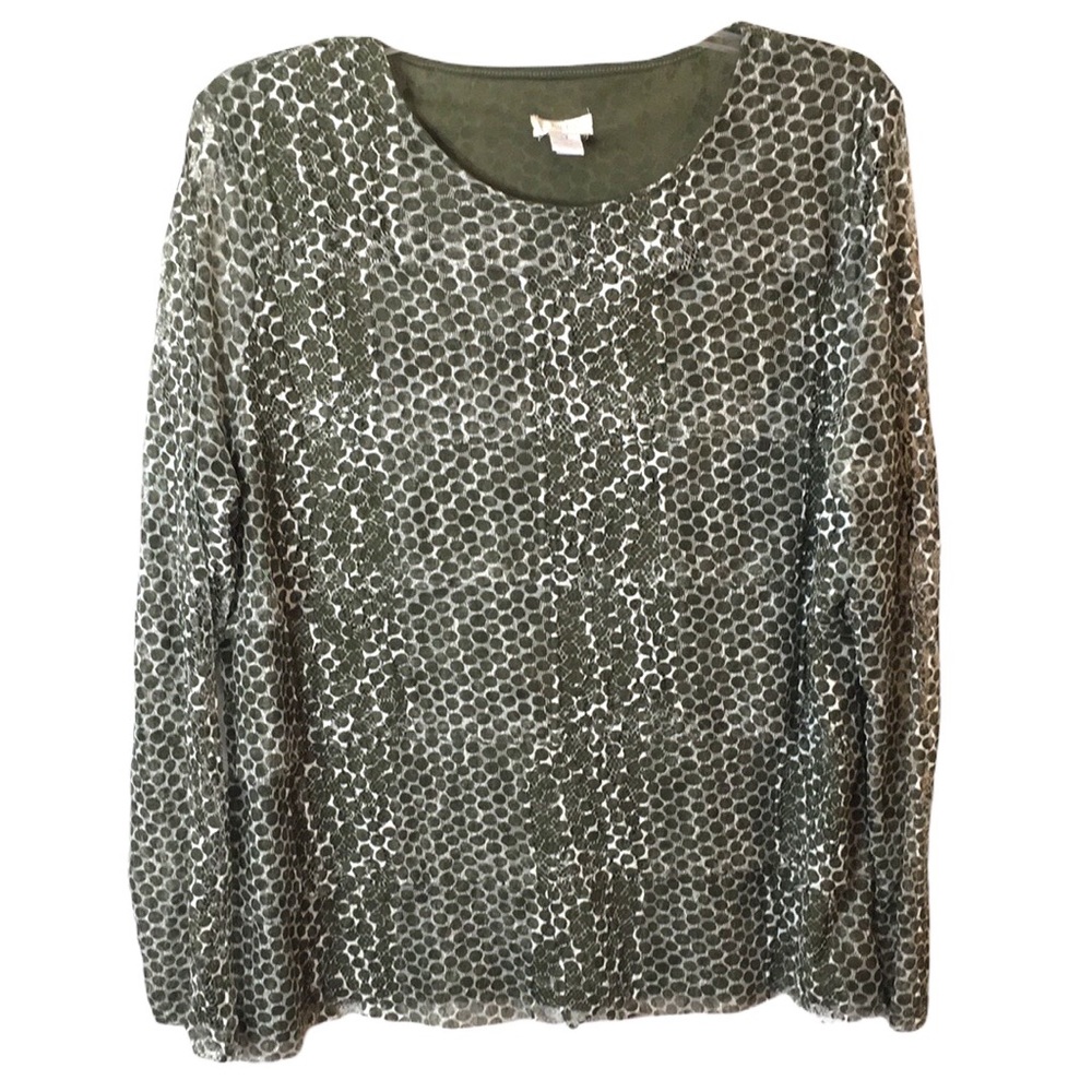 Chicos Olive Dots Gauzy Sheer Sleeves Blouse